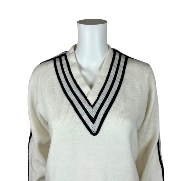 Vintage 60s Cheerleader Sweater V-Neck Navy Striped Pullover - Picture 2 of 10